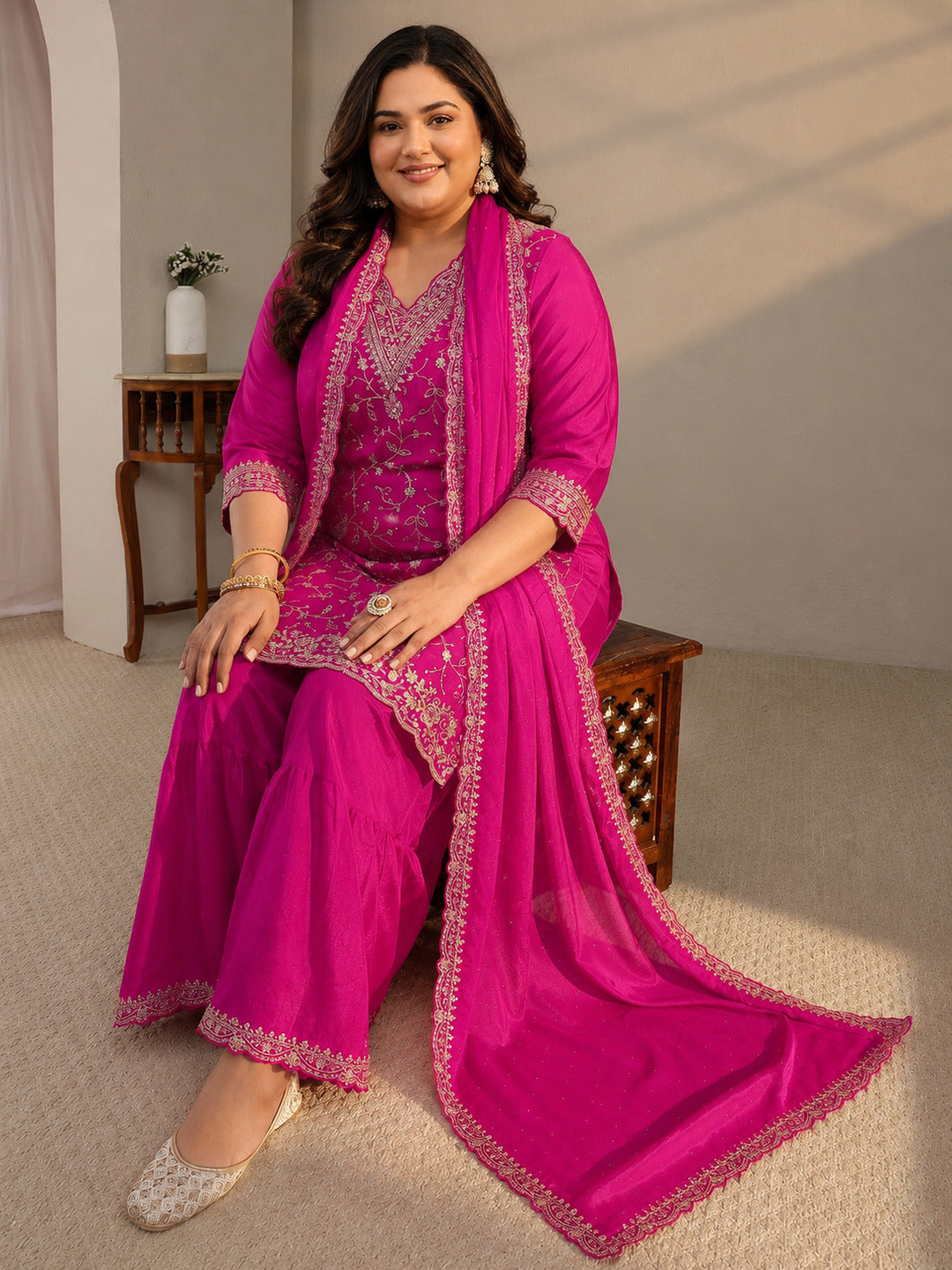 Plus Size Pink Floral Embroidered Chinon Sharara Suit Set With Dupatta