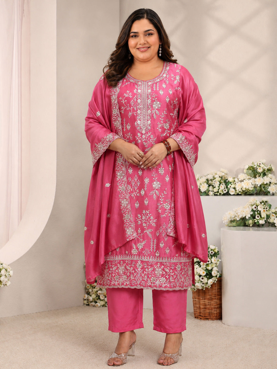 Plus Size Pink Floral Embroidered Silk Blend Straight Suit Set With Dupatta