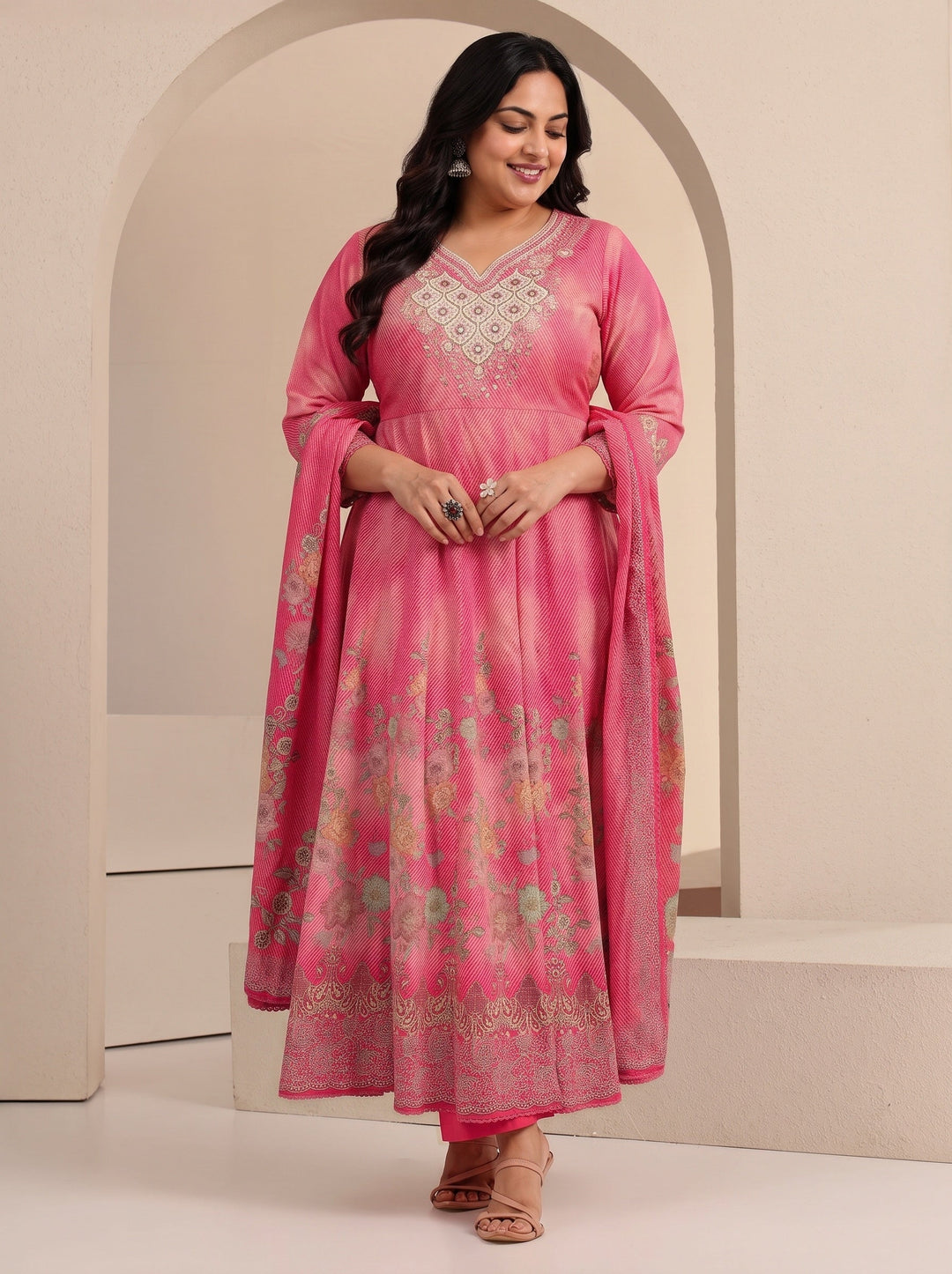Plus Size Pink Floral Printed Cotton Anarkali Suit Set