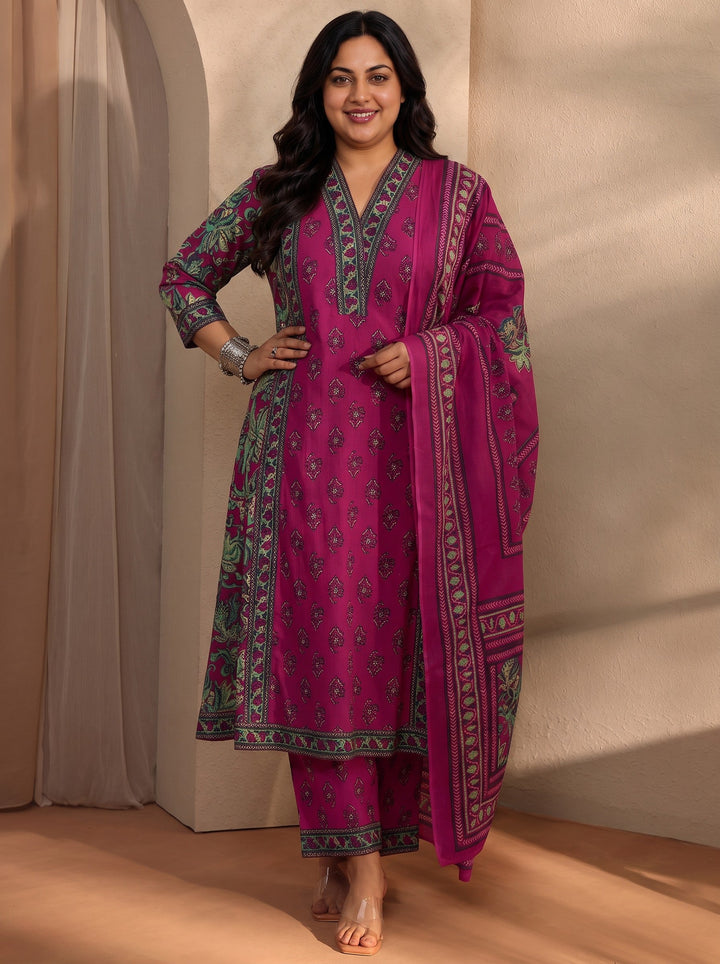 Plus Size Pink Floral Printed Cotton Blend A-Line Suit Set With Dupatta