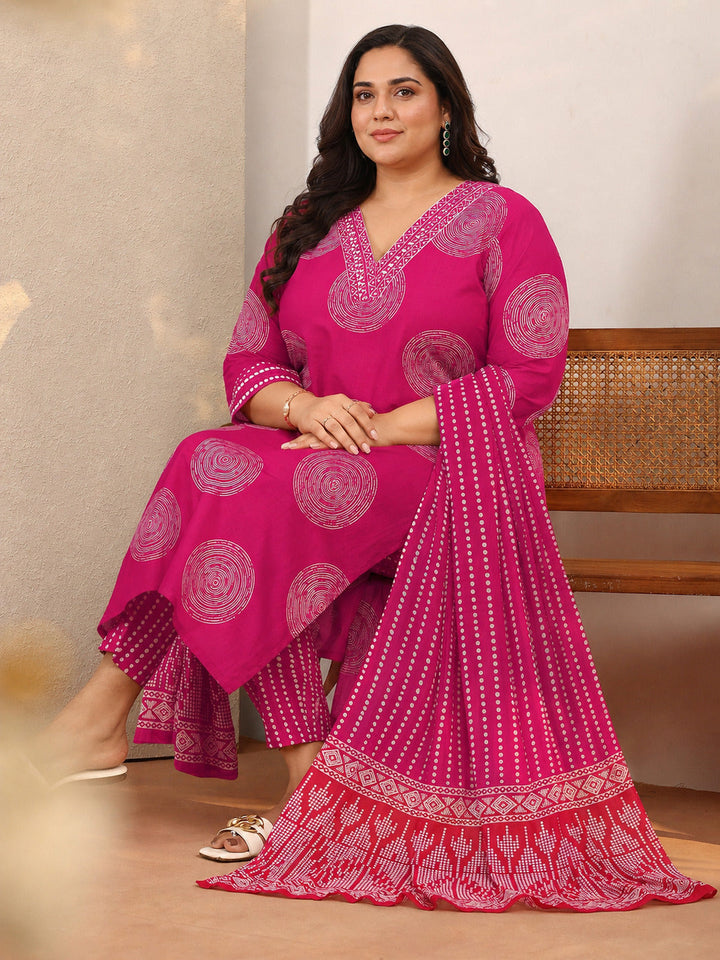 Plus Size Pink Geometric Printed Cotton Suit Set With Dupatta