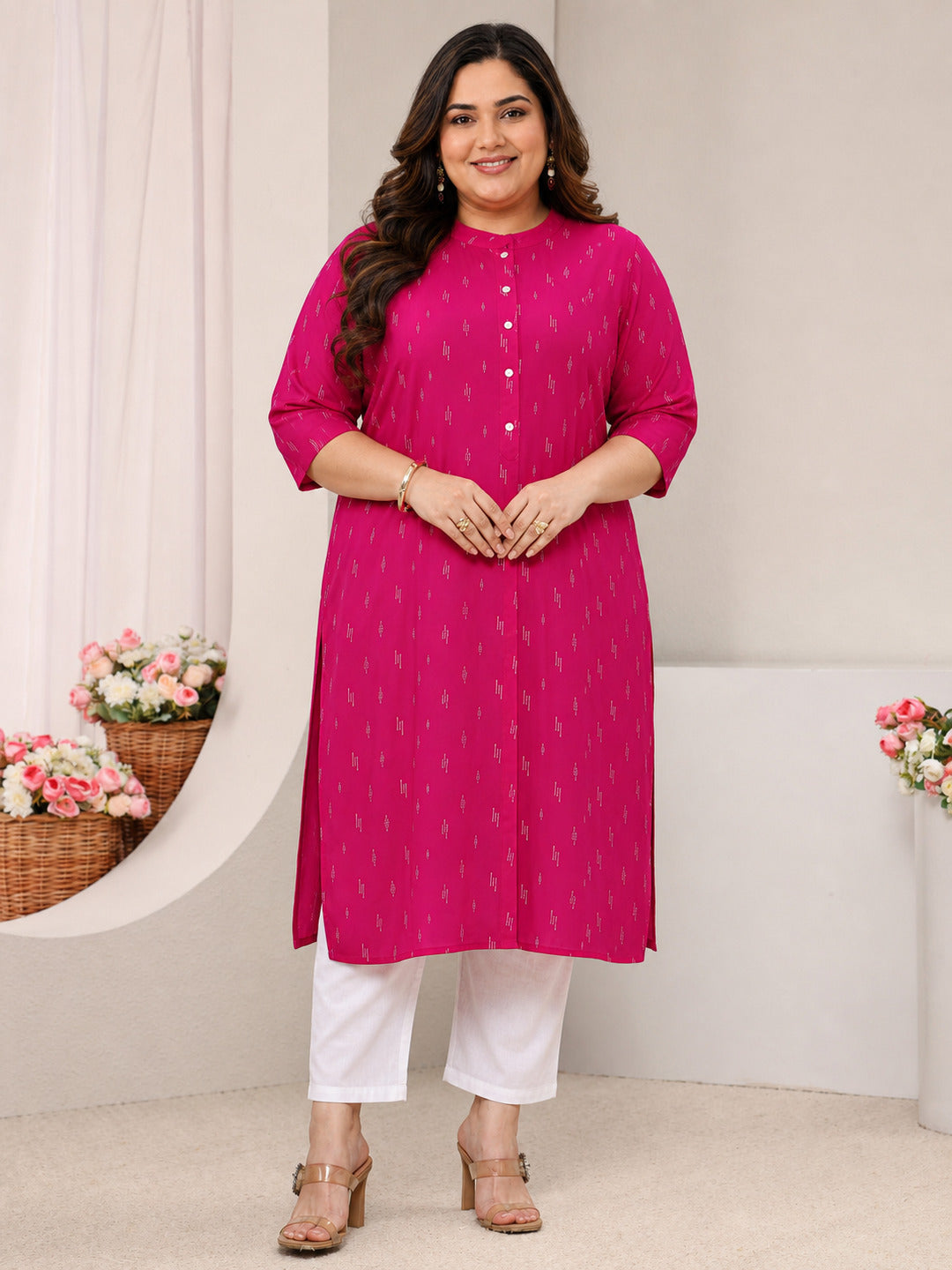Plus Size Pink Mandarin Collar Embroidered Rayon Straight Kurta