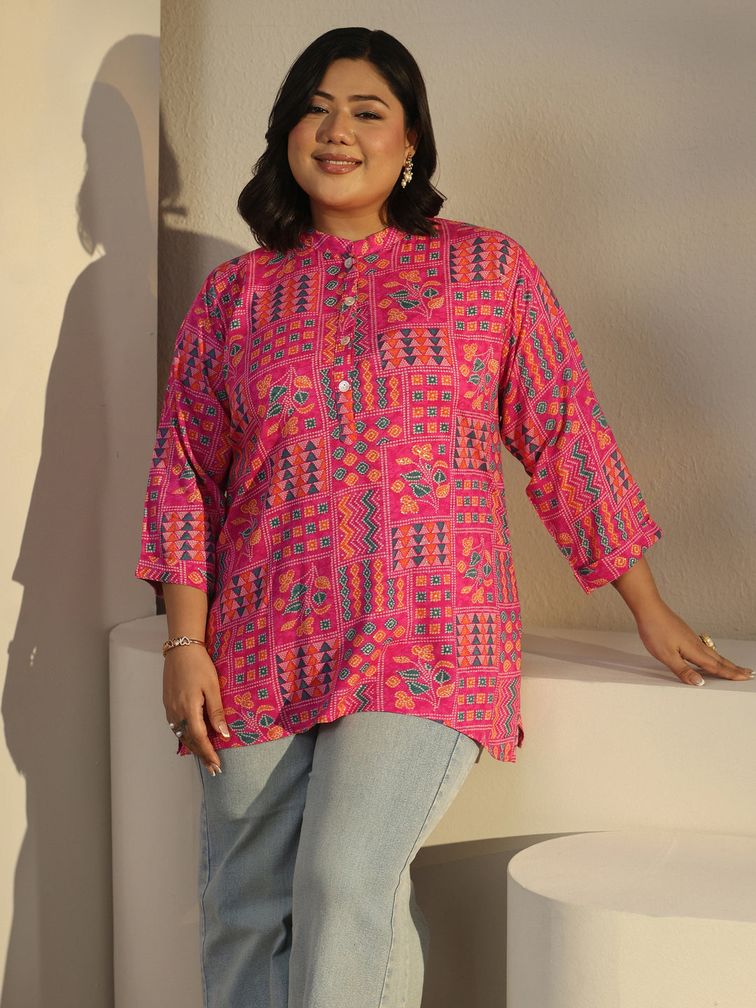Plus Size Pink Multi Printed Rayon Straight Tunic