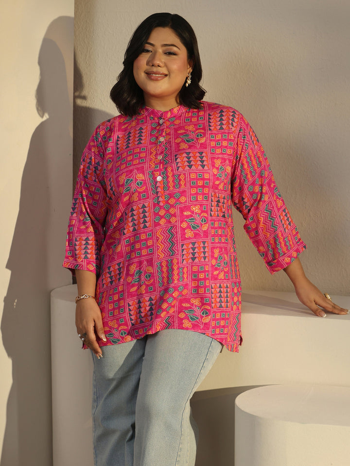 Plus Size Pink Multi Printed Rayon Straight Tunic