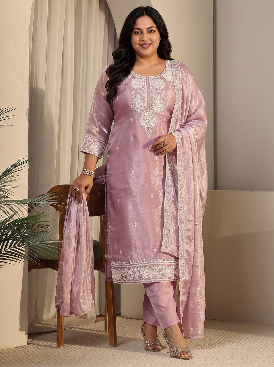 Plus Size Pink Paisley Embroidered Tissue Straight Suit Set