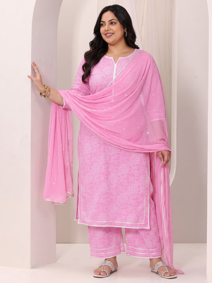 Plus Size Pink Printed Cotton Straight Suit Set With Dupatta