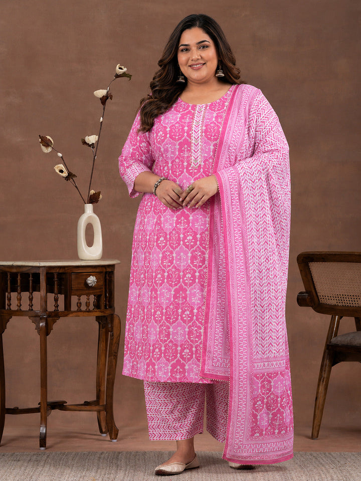 Plus Size Pink Printed Cotton Straight Suit With Dupatta