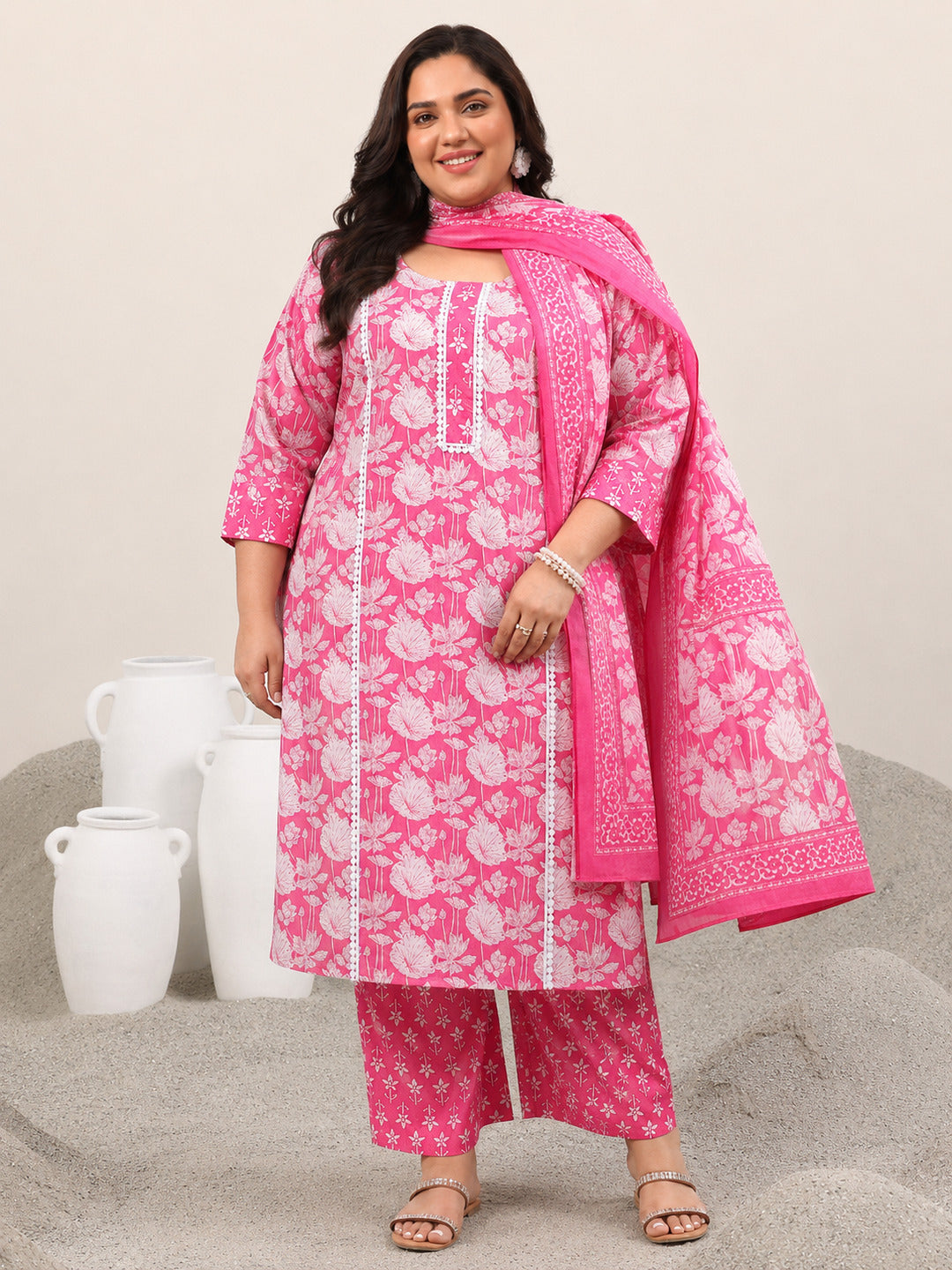 Plus Size Pink Printed Cotton Straight Suit With Dupatta