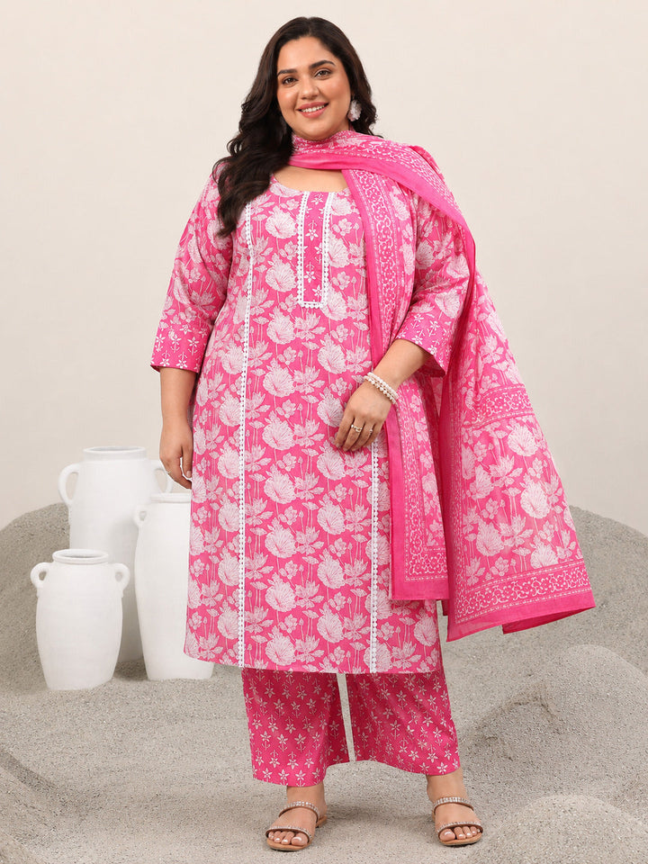 Plus Size Pink Printed Cotton Straight Suit With Dupatta
