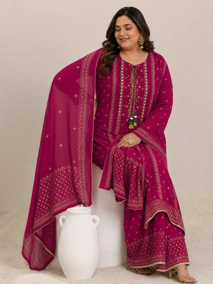 Plus Size Pink Printed Georgette Straight Suit With Dupatta