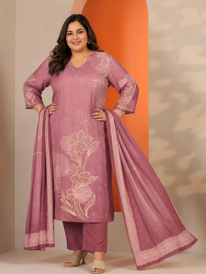 Plus Size Pink Printed Muslin Straight Suit Set With Dupatta