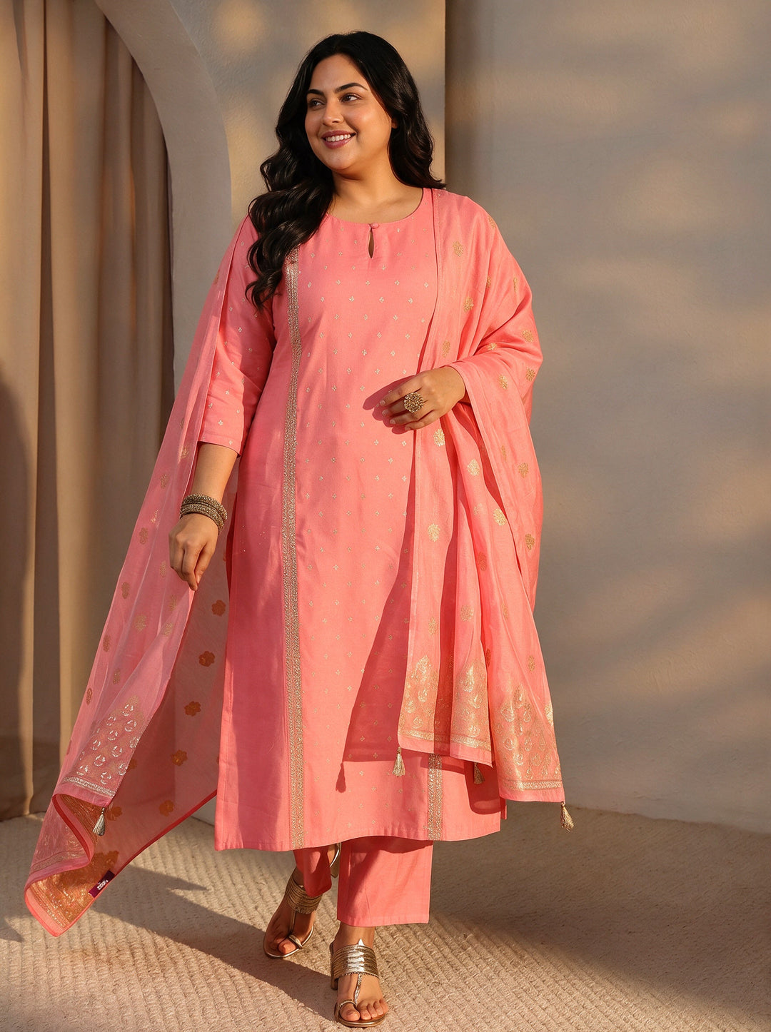 Plus Size Pink Woven Design Chanderi Silk Straight Suit Set
