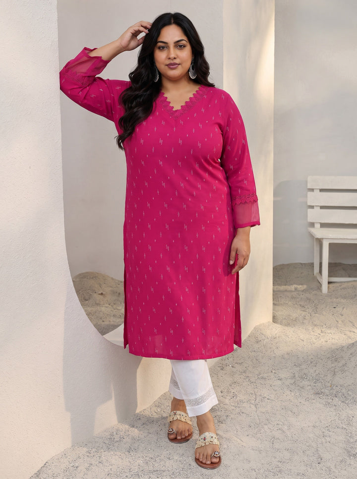 Plus Size Pink Woven Design Rayon Straight Kurta