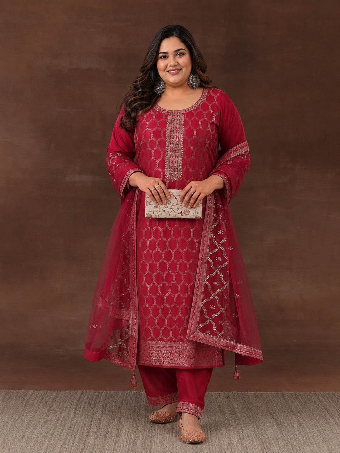 Plus Size Pink Woven Design Silk Blend Straight Suit With Dupatta