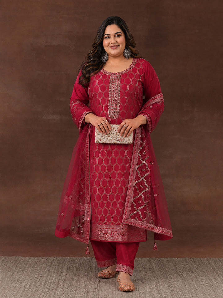 Plus Size Pink Woven Design Silk Blend Straight Suit With Dupatta