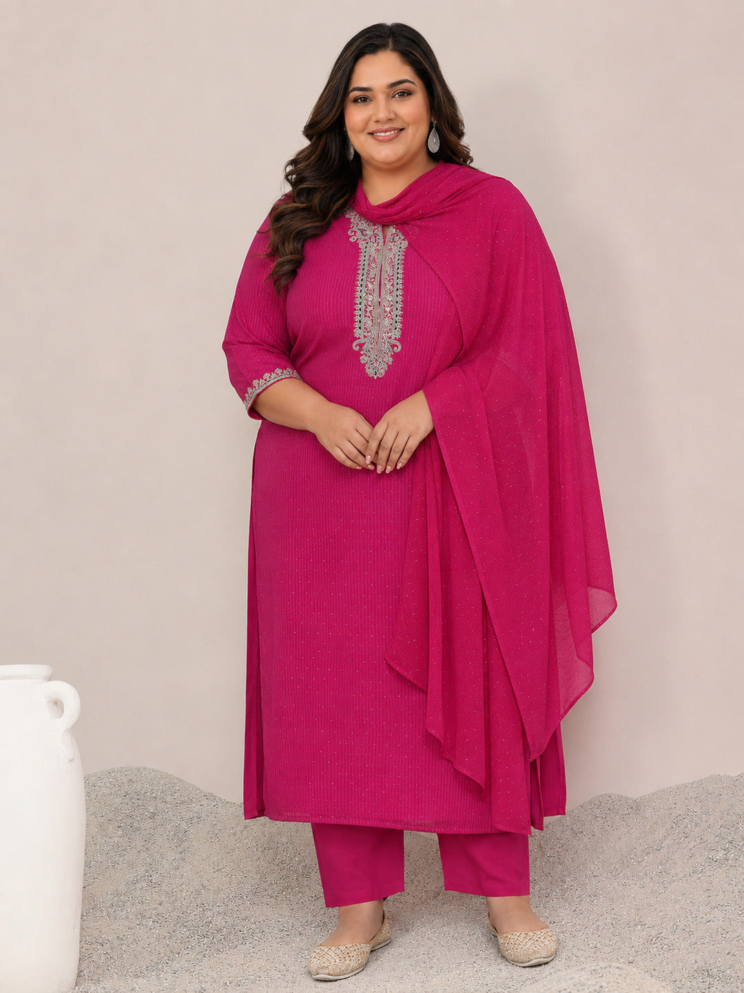 Plus Size Pink Yoke Deisgn Silk Blend Straight Suit With Dupatta