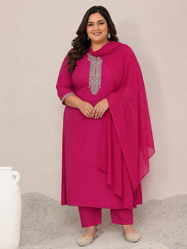 Plus Size Pink Yoke Deisgn Silk Blend Straight Suit With Dupatta
