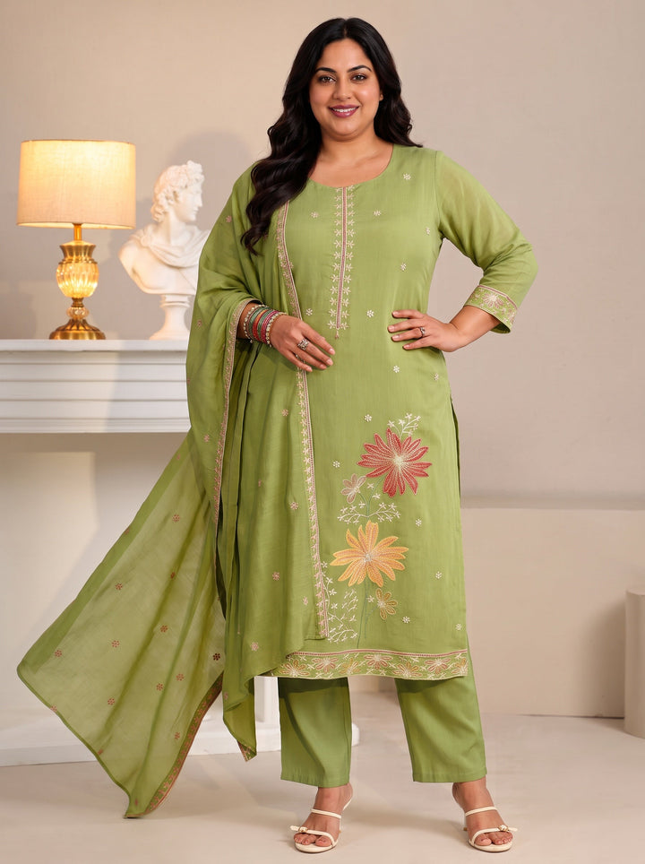 Plus Size Pista Green Floral Embroidered Chanderi Silk Straight Suit Set