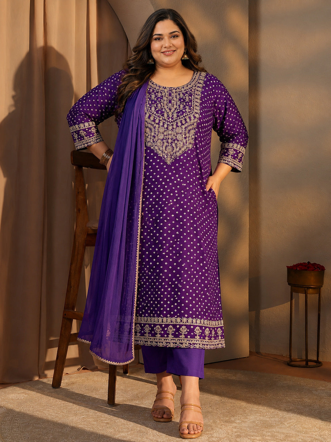 Plus Size Purple Bandhani Printed Silk Blend Straight Suit Set With Dupatta