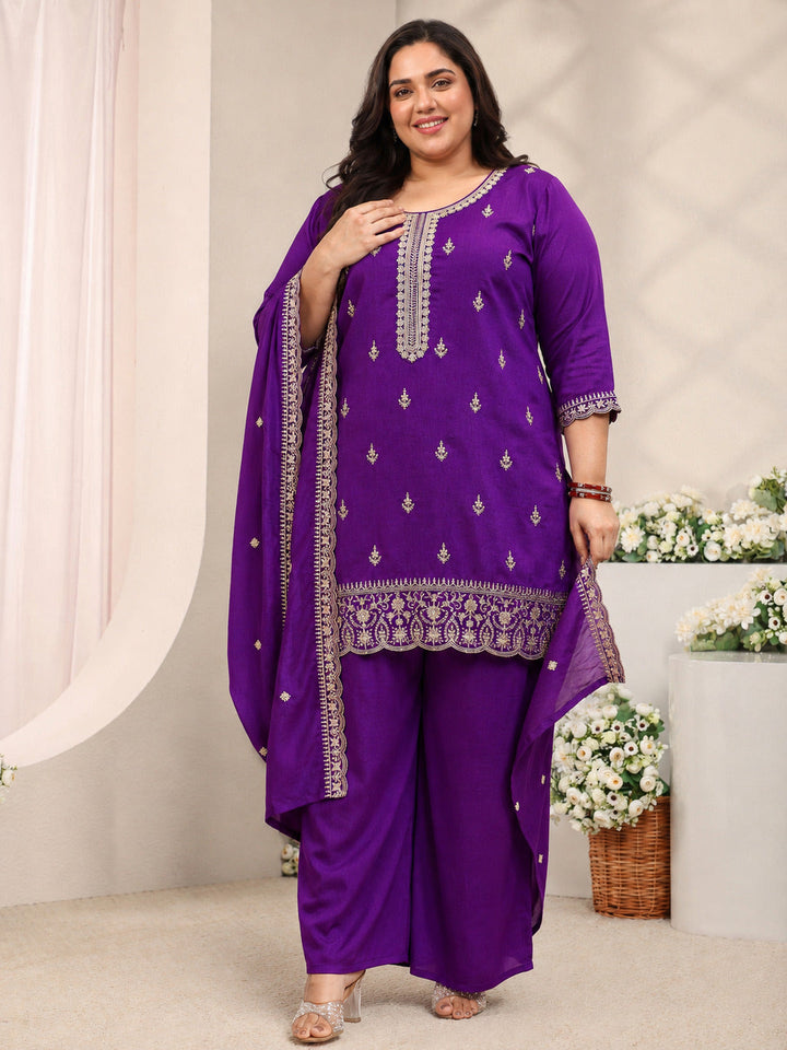 Plus Size Purple Embroidered Silk Blend Straight Suit Set With Dupatta