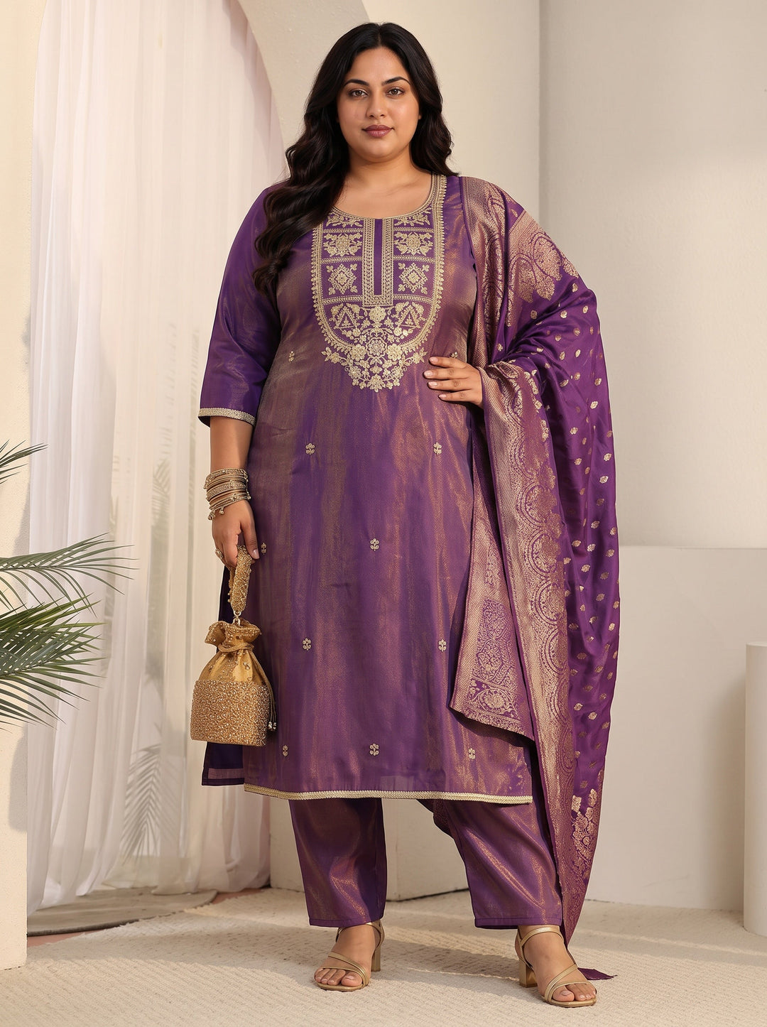 Plus Size Purple Floral Embellished Silk Blend Straight Suit Set