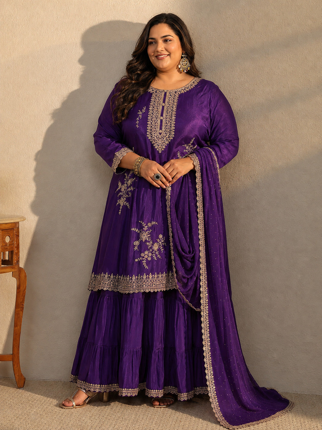 Plus Size Purple Floral Embroidered Chinon Sharara Suit Set With Dupatta