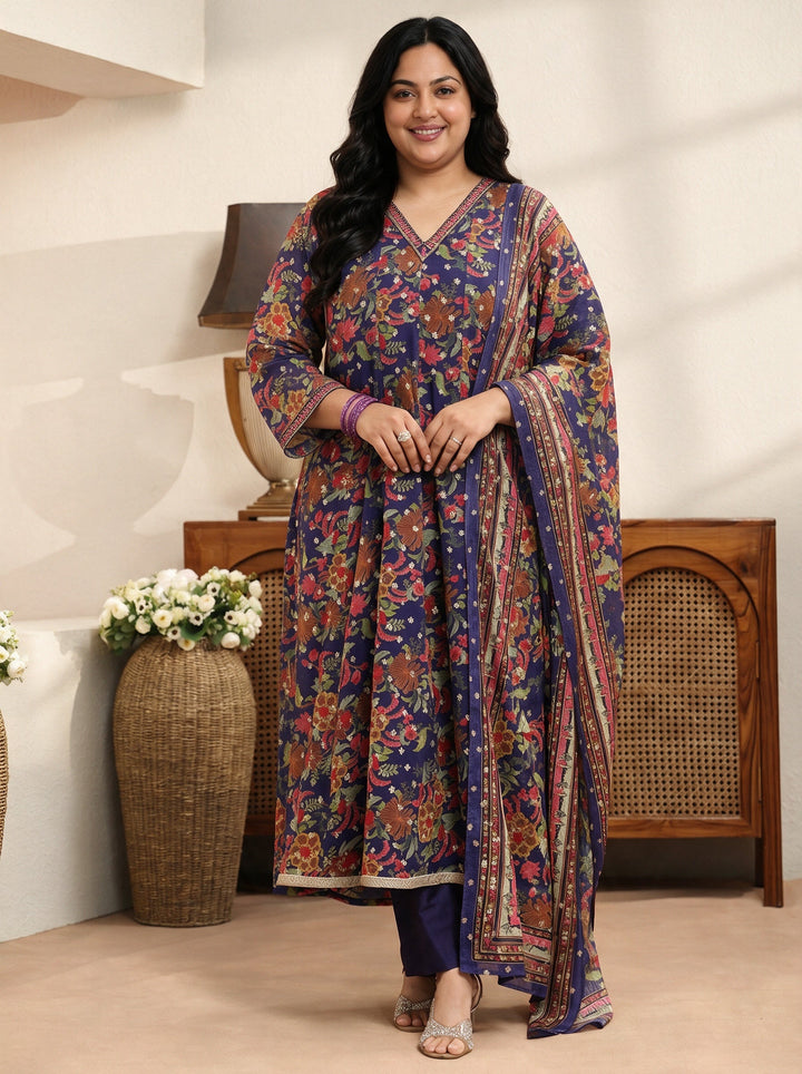 Plus Size Purple Floral Printed Chiffon Anarkali Suit Set