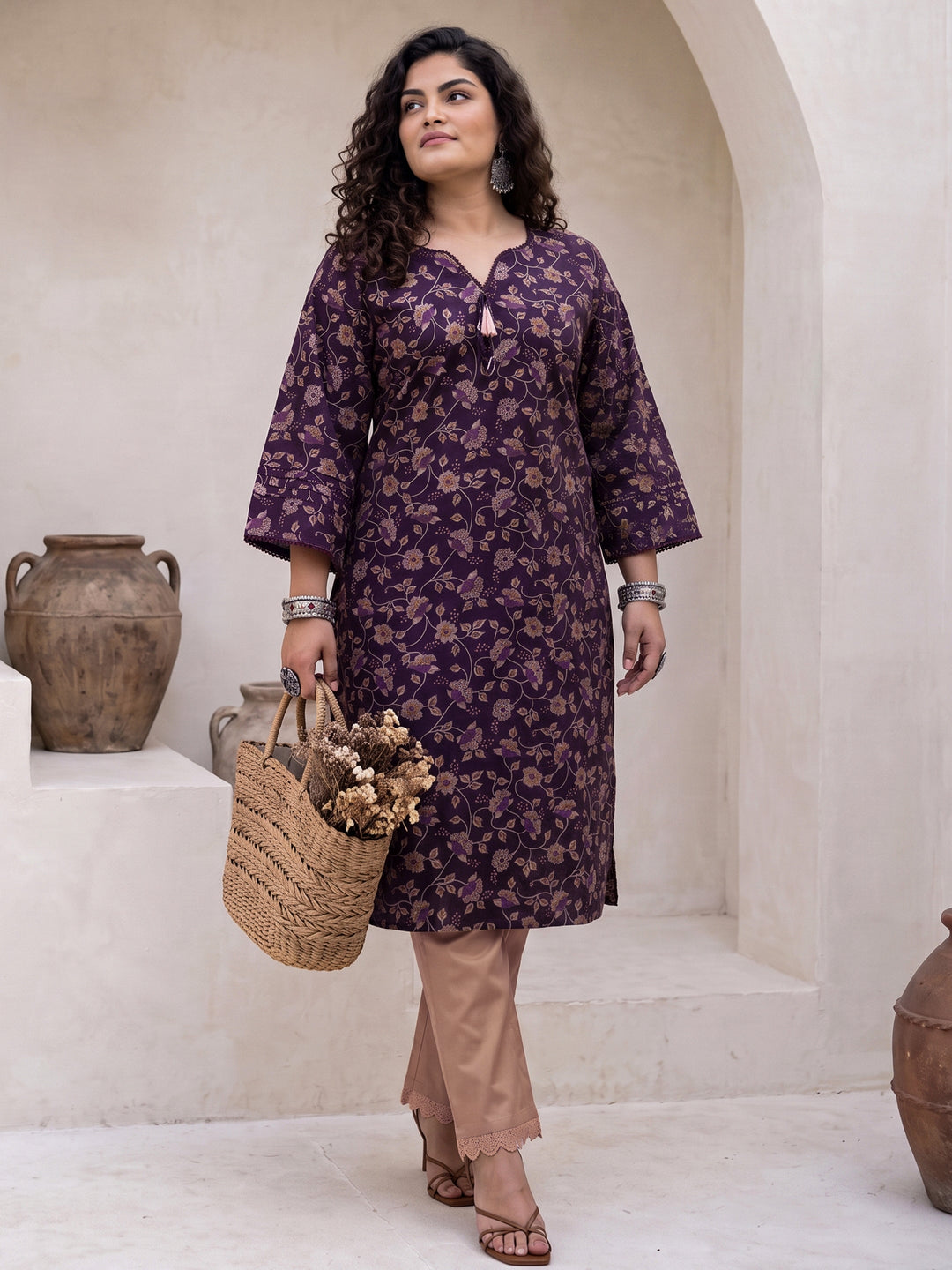 Plus Size Purple Floral Printed Cotton A-Line Kurta