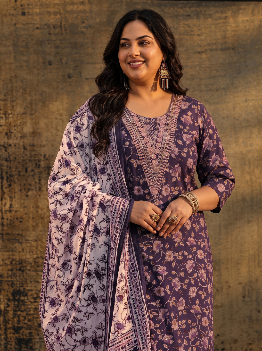 Plus Size Purple Floral Printed Cotton Straight Suit Set