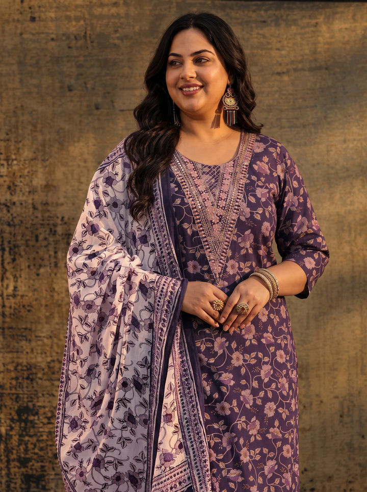 Plus Size Purple Floral Printed Cotton Straight Suit Set