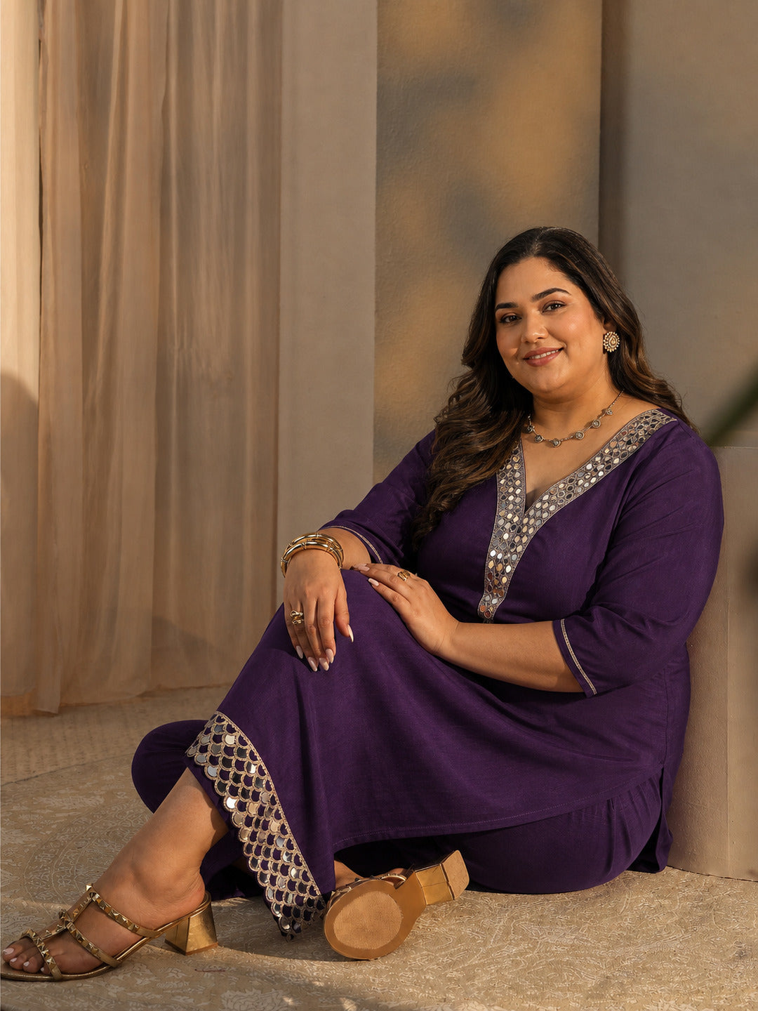 Plus Size Purple Mirror Work Yoke Design Silk Blend Straight Kurta Set
