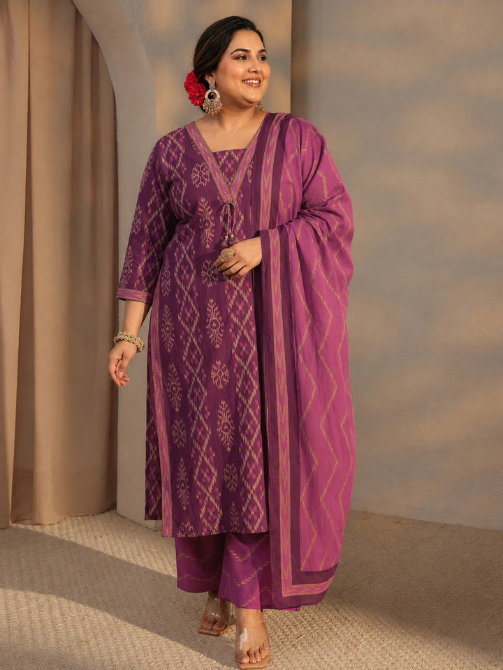 Plus Size Purple Printed Cotton Straight Suit Set With Dupatta