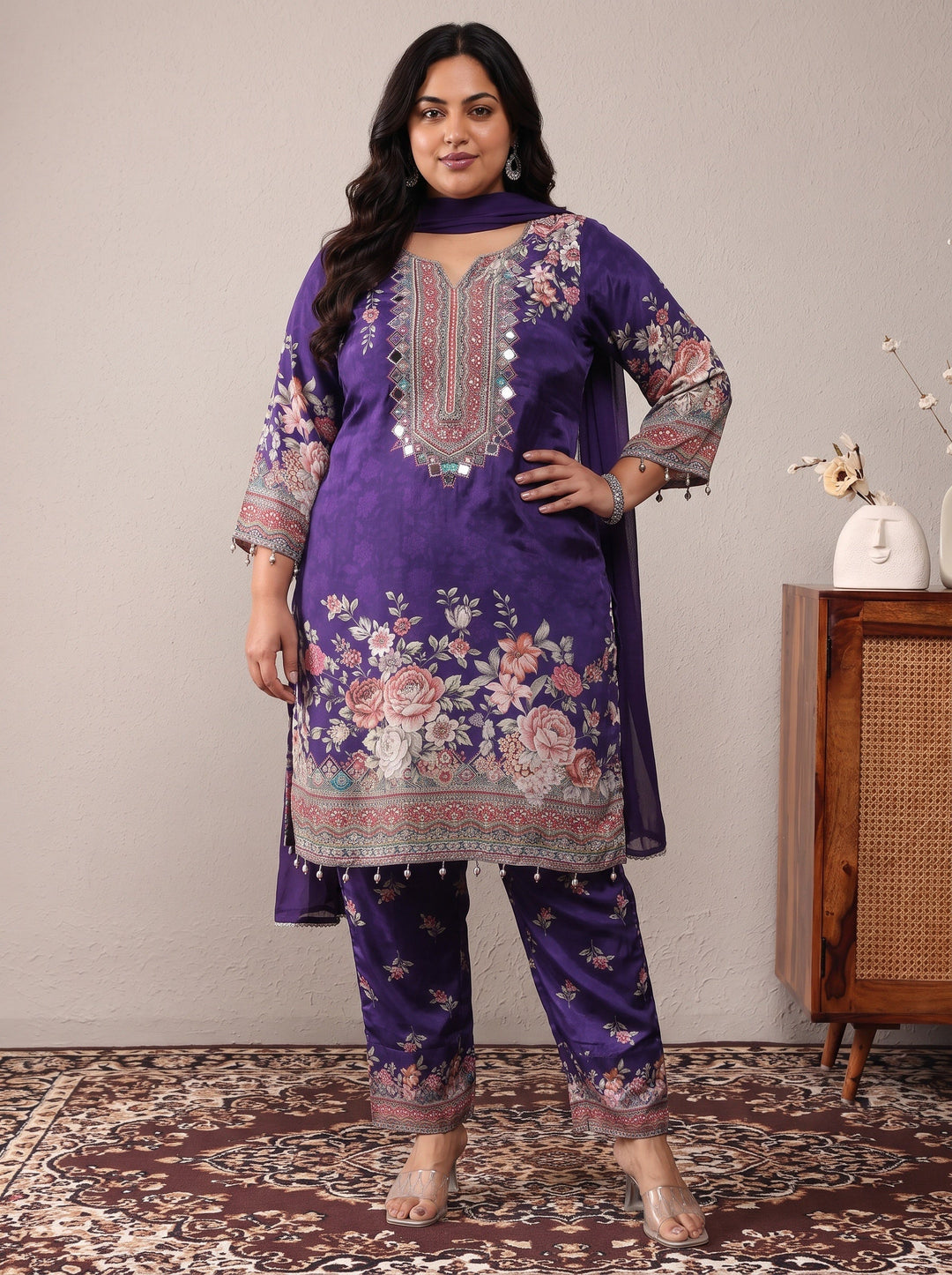 Plus Size Purple Printed Silk Crepe Straight Suit Set With Dupatta