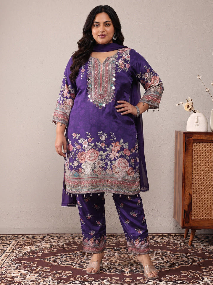 Plus Size Purple Printed Silk Crepe Straight Suit Set With Dupatta