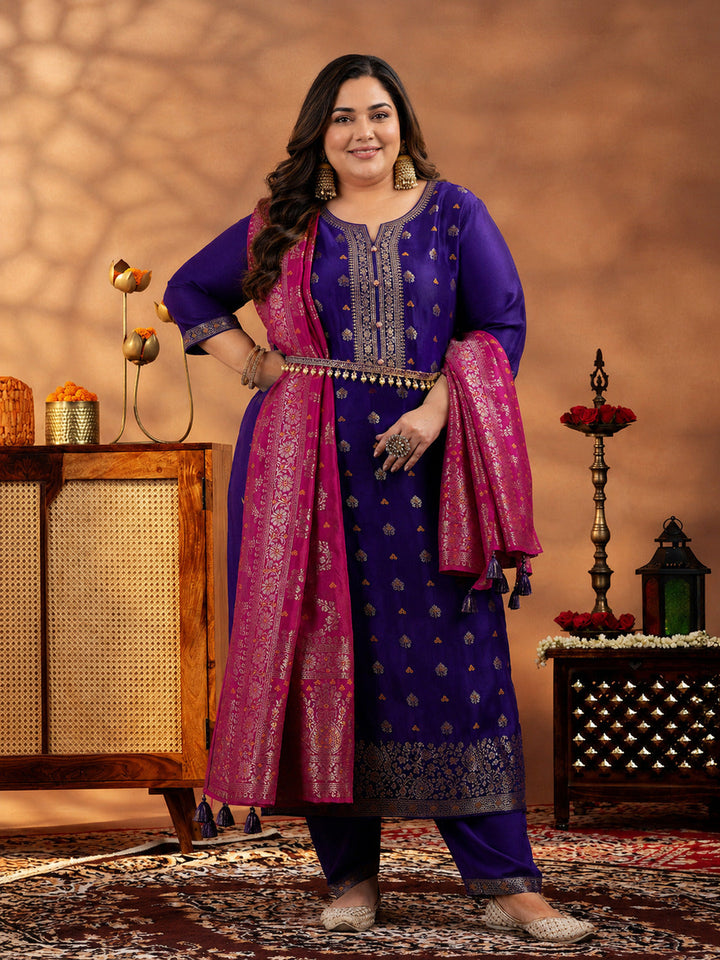 Plus Size Purple Woven Design Silk Blend Straight Suit With Dupatta