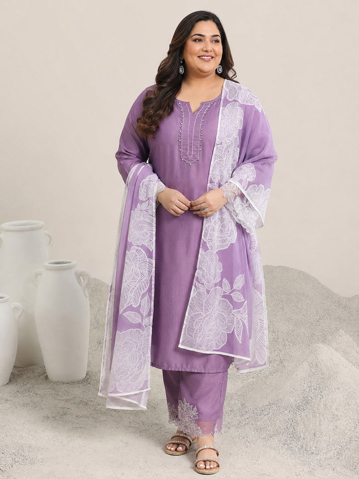 Plus Size Purple Yoke Design Silk Blend Straight Suit Set With Dupatta
