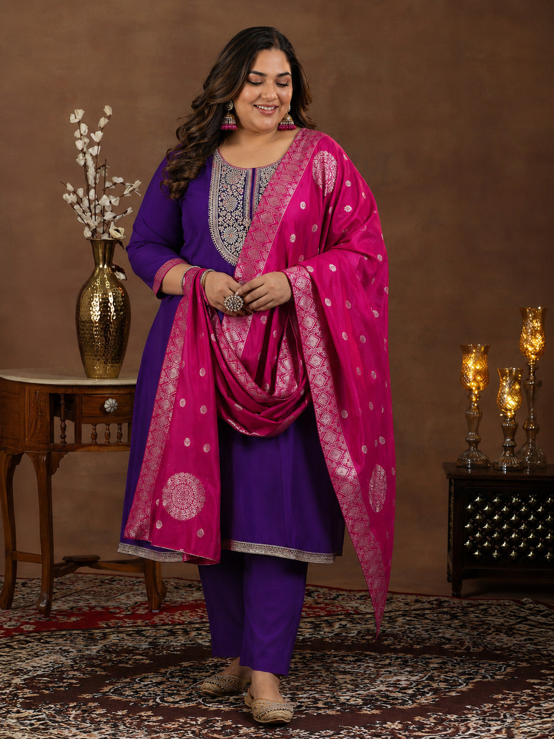 Plus Size Purple Yoke Design Silk Blend Straight Suit With Dupatta