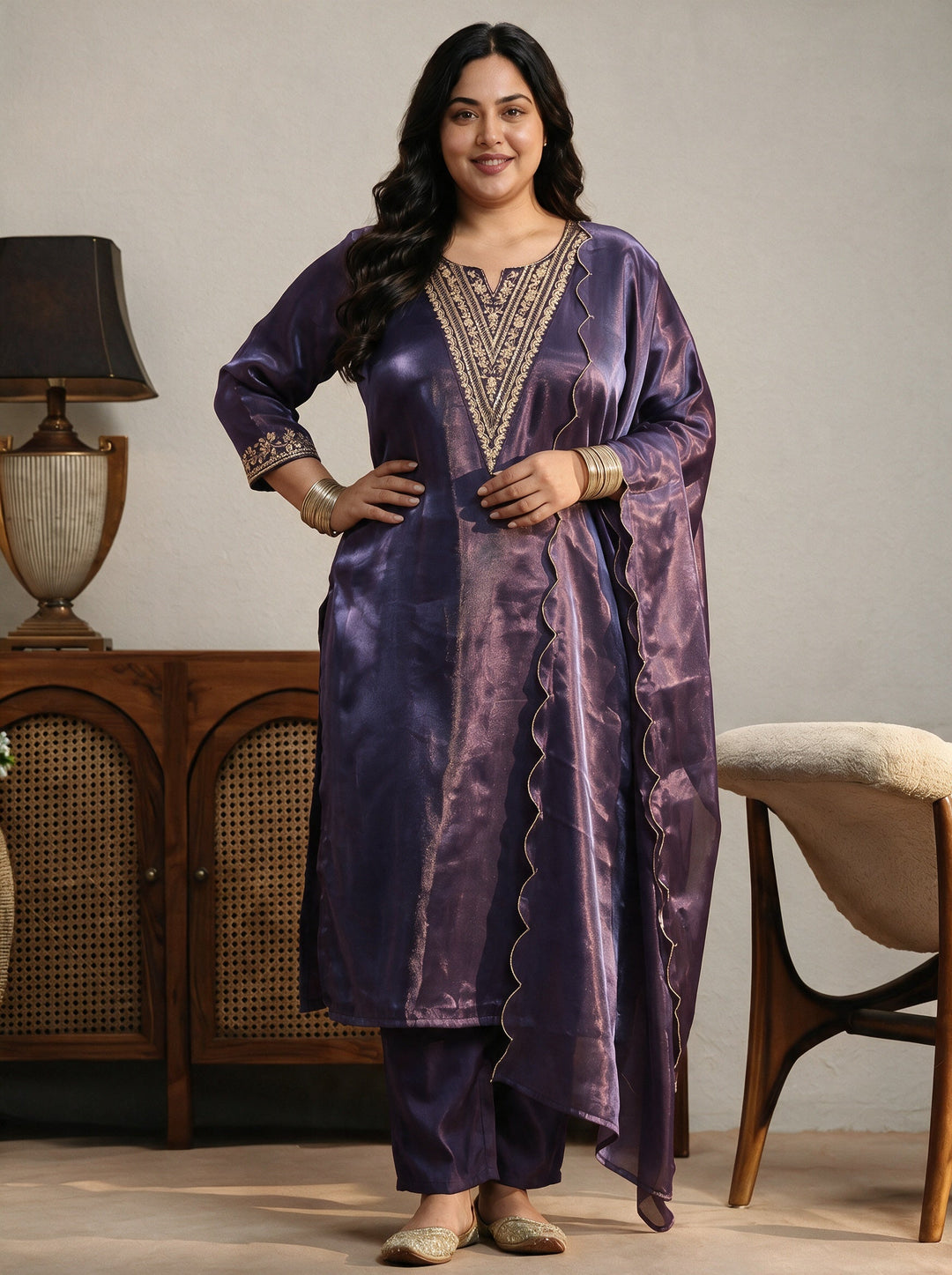 Plus Size Purple Yoke Design Tissue Straight Suit Set