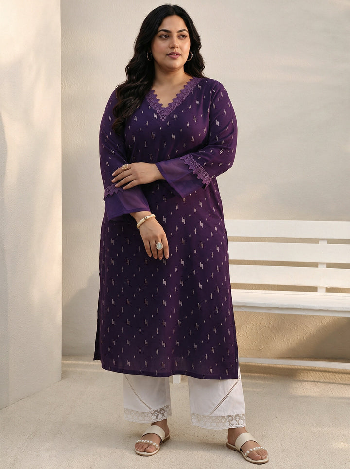 Plus Size Purple Yoke Woven Design Rayon Straight Kurta