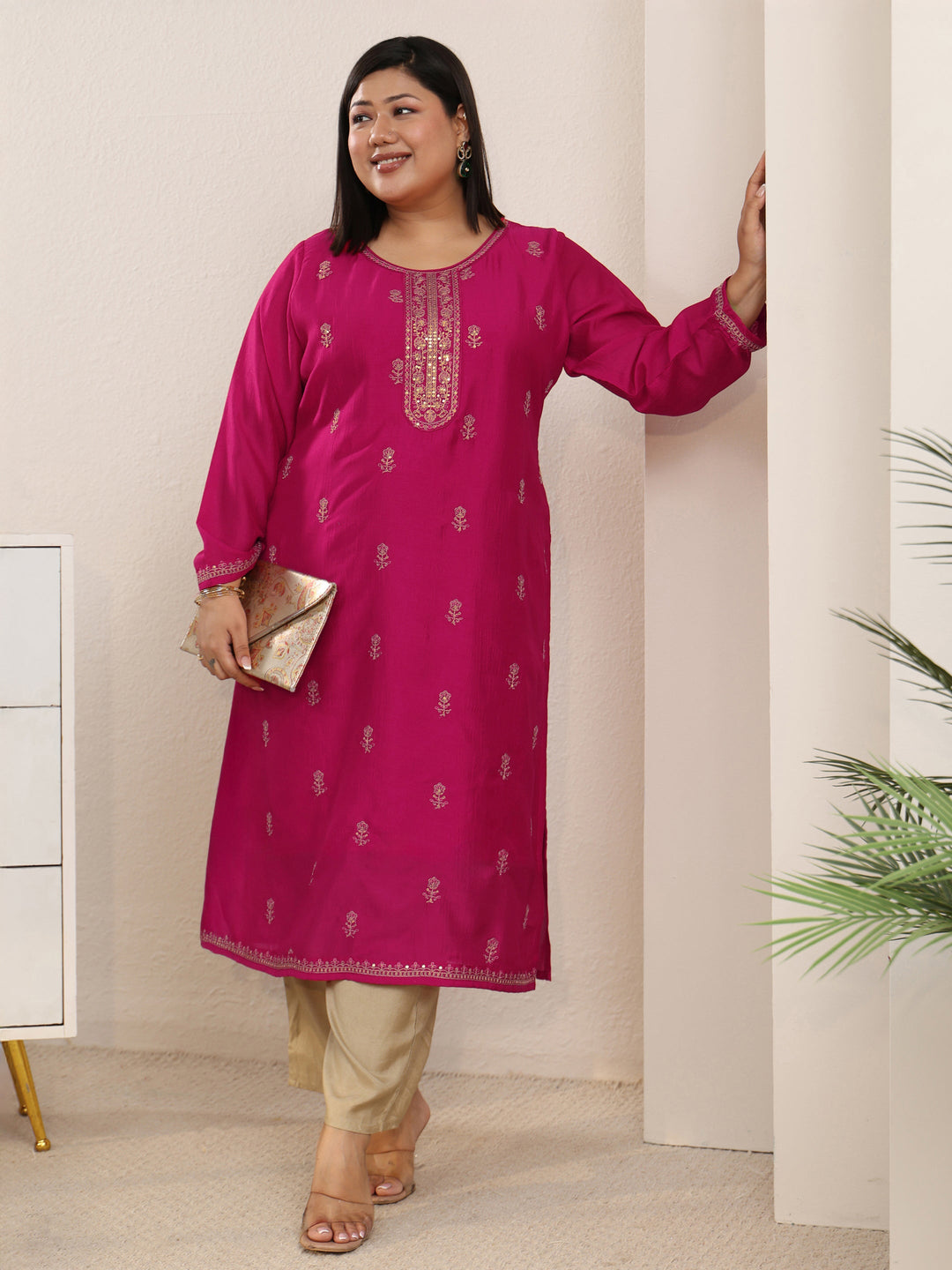 Plus Size Rani Pink Ethnic Embroidered Silk Blend Straight Kurta