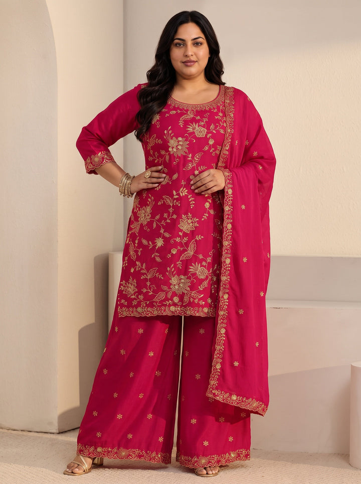 Plus Size Rani Pink Floral Embroidered Chinon Palazzo Suit Set