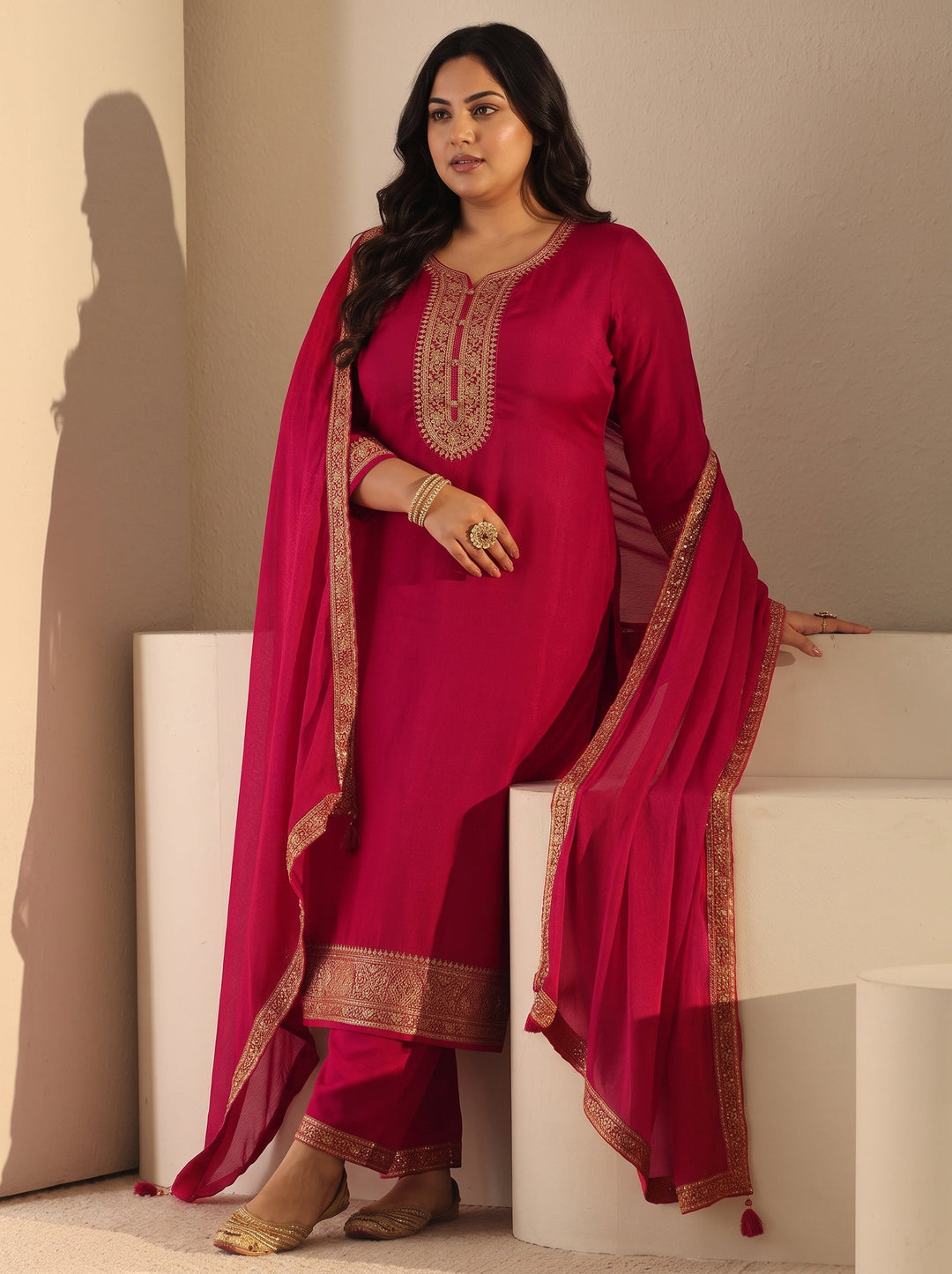 Plus Size Rani Pink Floral Embroidered Chinon Straight Suit Set