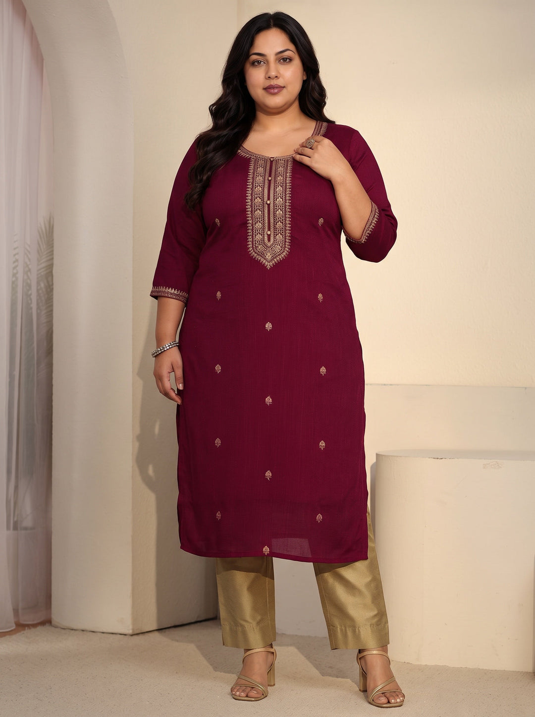 Plus Size Rani Pink Floral Embroidered Silk Blend Straight Kurta