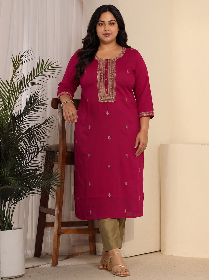 Plus Size Rani Pink Floral Embroidered Silk Blend Straight Kurta