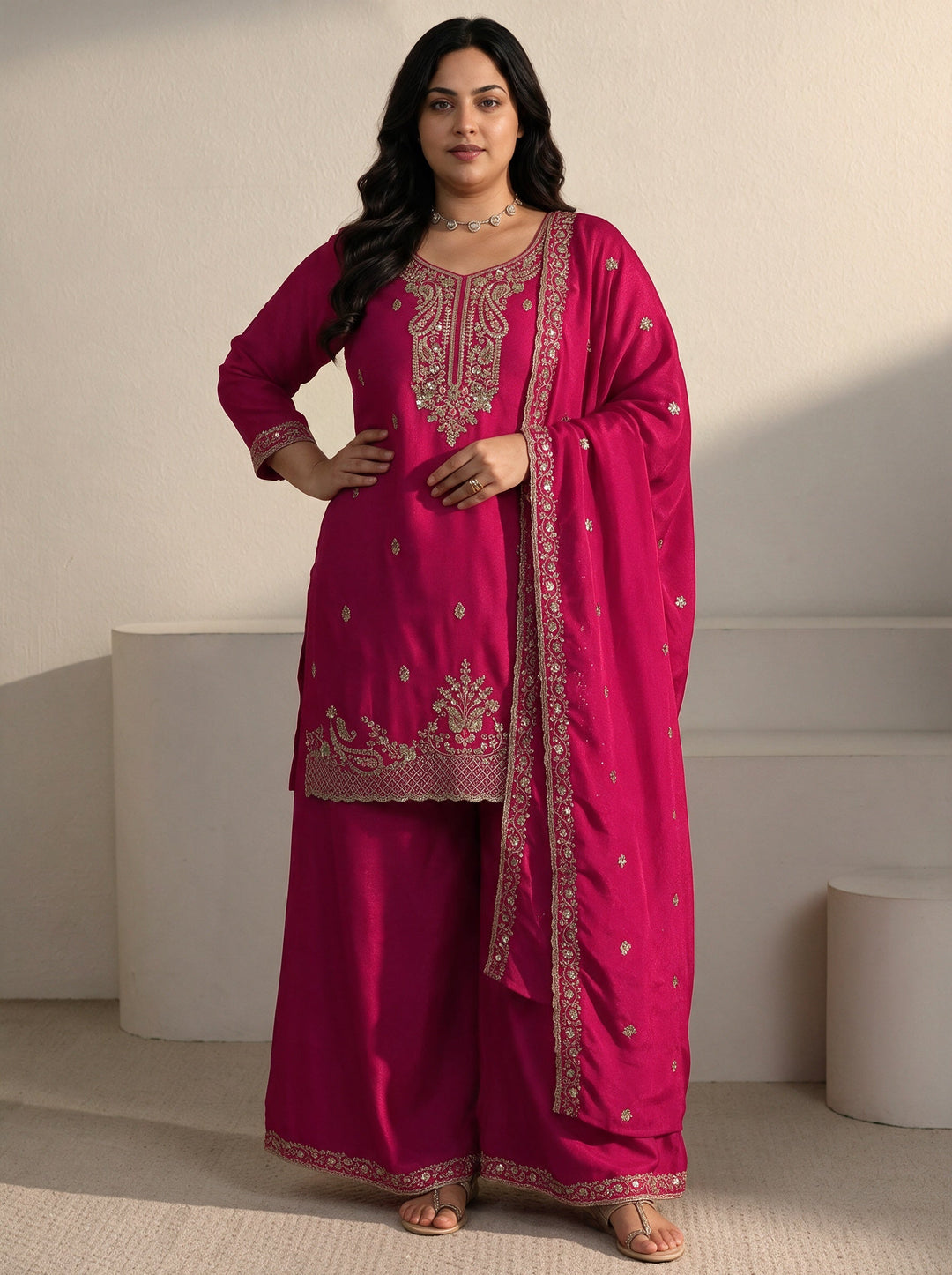 Plus Size Rani Pink Sequin Embellished Chinon Palazzo Suit Set
