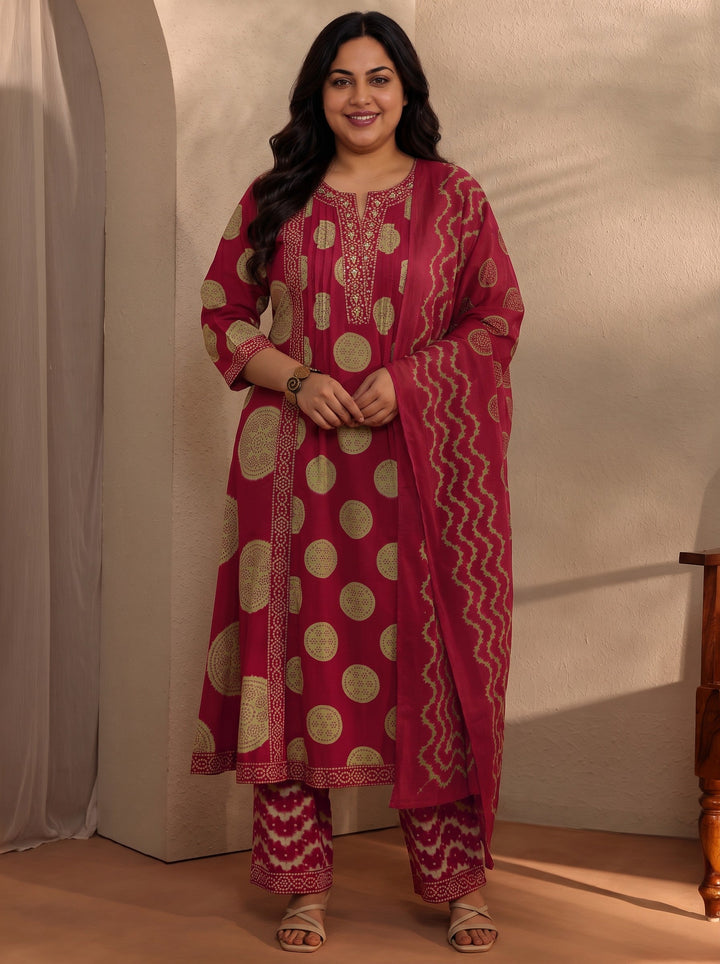 Plus Size Red Bandhani Printed Cotton Blend A-Line Suit Set With Dupatta