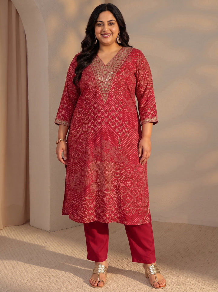 Plus Size Red Bandhani Printed Silk Blend Straight Kurta