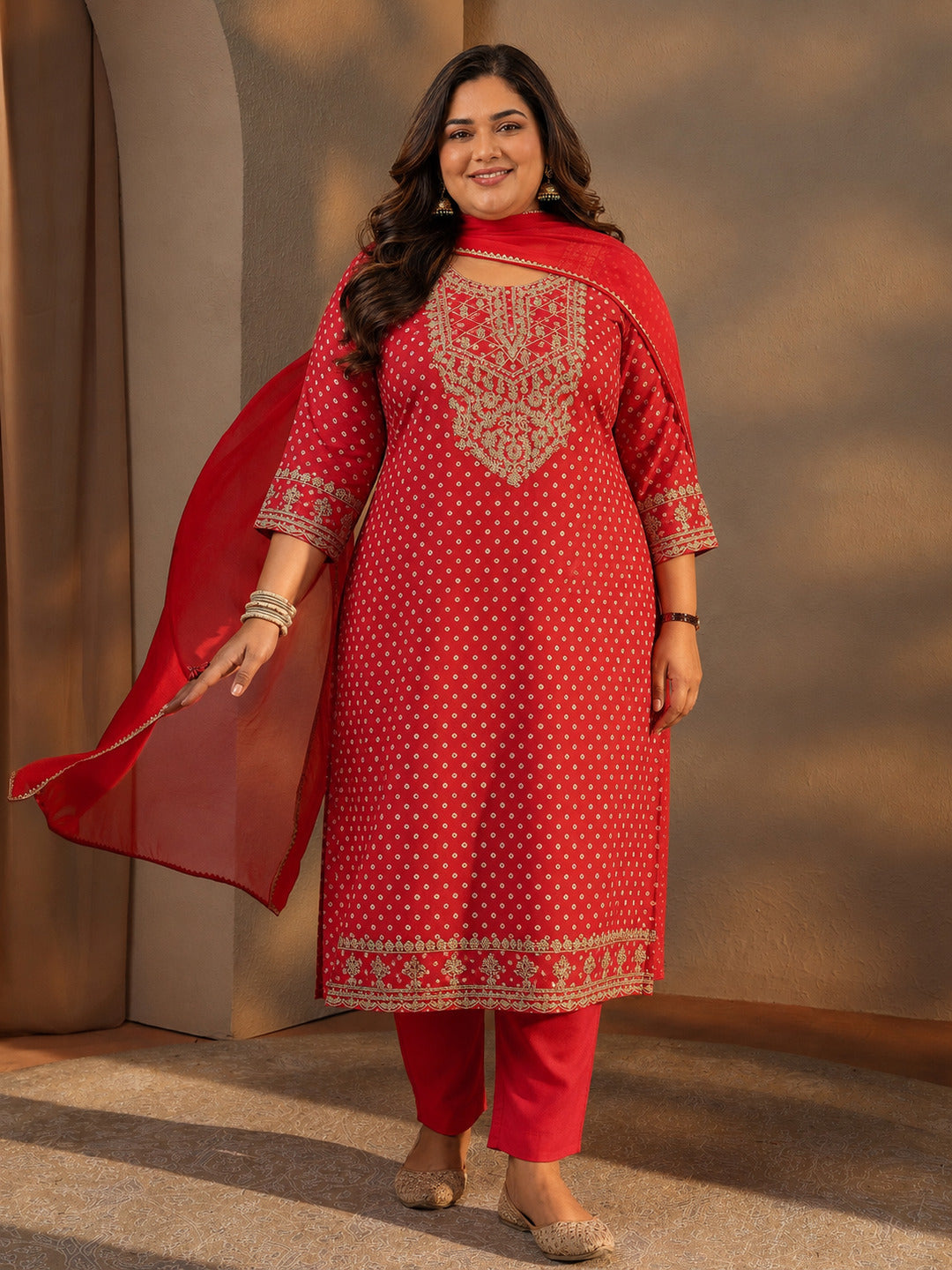 Plus Size Red Bandhani Printed Silk Blend Straight Suit Set With Dupatta