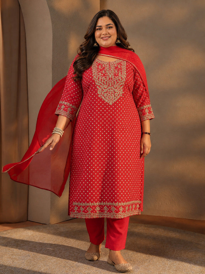 Plus Size Red Bandhani Printed Silk Blend Straight Suit Set With Dupatta