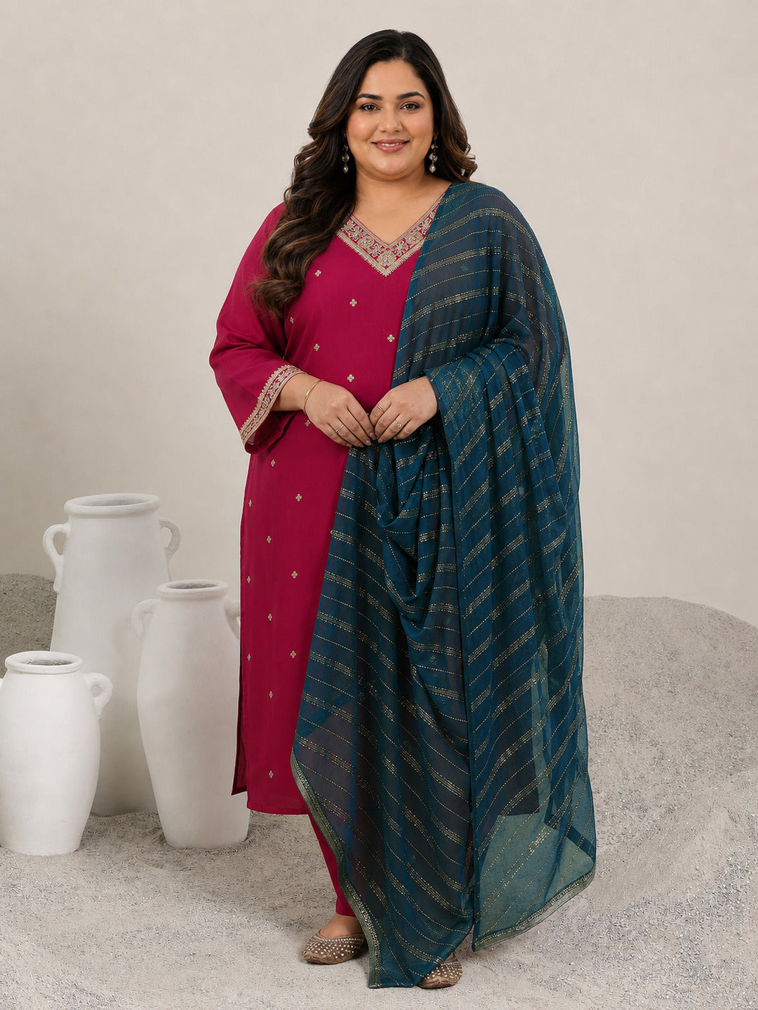 Plus Size Red Embroidered Silk Blend Straight Suit Set With Dupatta